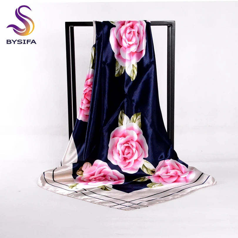 [BYSIFA] Chinese Pink Peony Women Satin Silk Scarf Cape 2017 New Navy Blue Elegant Ladies Neck Head Scarf Spring Autumn Scarves