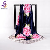 [BYSIFA] Chinese Pink Peony Women Satin Silk Scarf Cape 2017 New Navy Blue Elegant Ladies Neck Head Scarf Spring Autumn Scarves