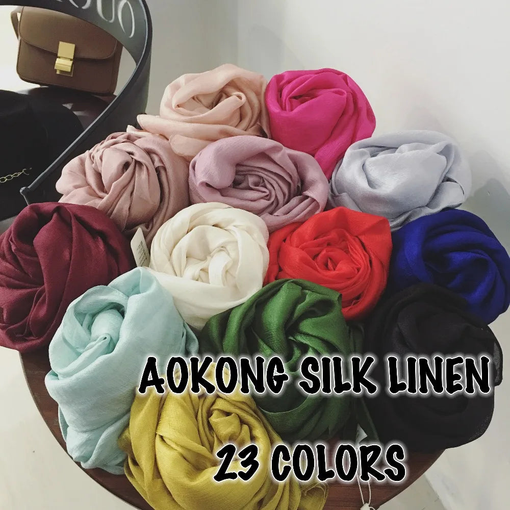 95*180cm New High Quality Soft Silk Linen Shinny Solid Plain Shawls Oversize Muslim Headband Wraps Hijab Scarves