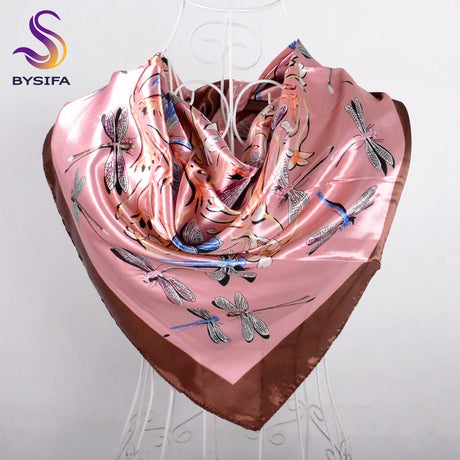 [BYSIFA] Chinese Pink Peony Women Satin Silk Scarf Cape 2017 New Navy Blue Elegant Ladies Neck Head Scarf Spring Autumn Scarves