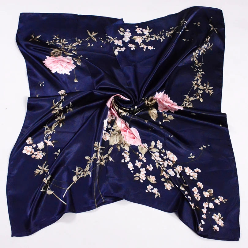 [BYSIFA] Navy Blue Chinese Roses Large Square Scarves New Female Elegant Large Silk Scarf Fashion Ladies Accessories 90*90cm