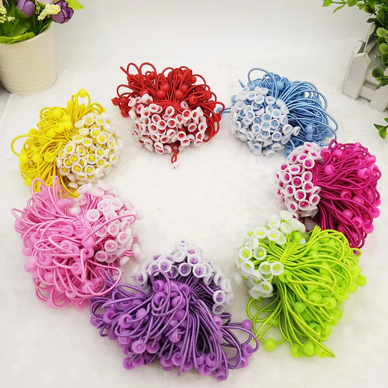 Korean Fashion Elastic Hair Bands DIY Flower Hairband Round Hoop Cute Ribbon Ball Scrunchies 100Pcs/Lot Girls Hair Accessories