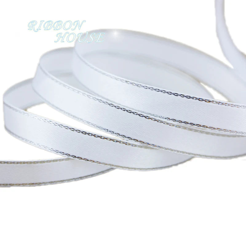 (25 yards/lot) 10mm White Silver Edge Satin Ribbon wholesale high quality gift packaging ribbons