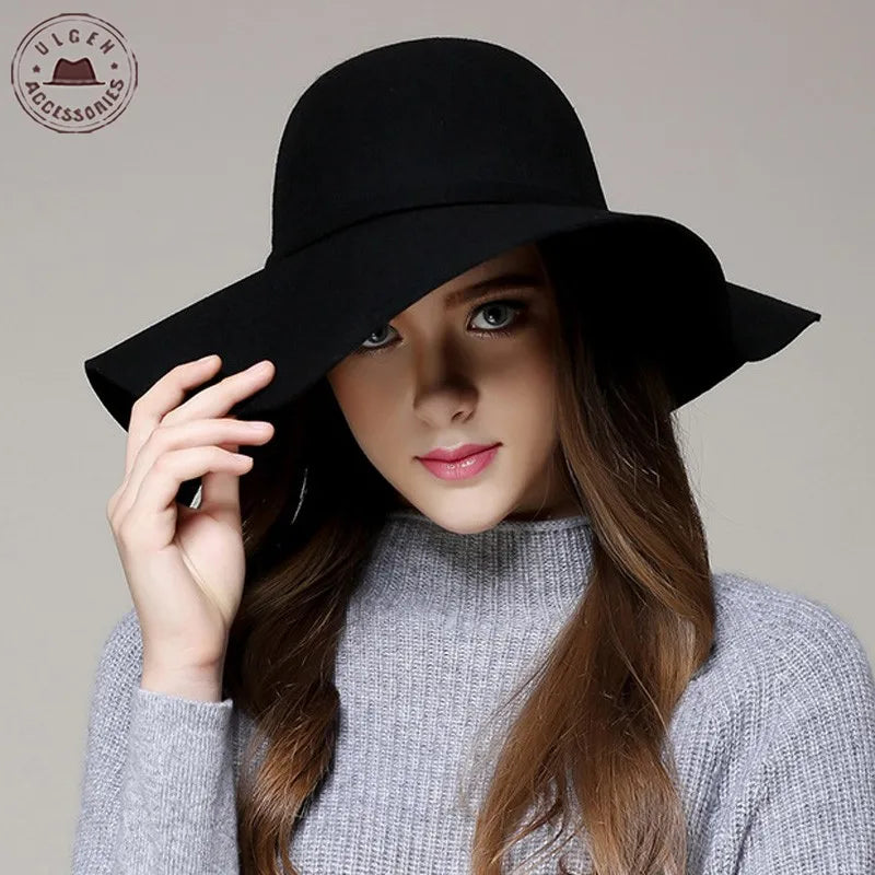 Fashion Winter Fedora Hats for Women Hat Vintage Bowler Jazz Top Cap Felt Wide Brim Floppy Sun Beach Cashmere Church Caps