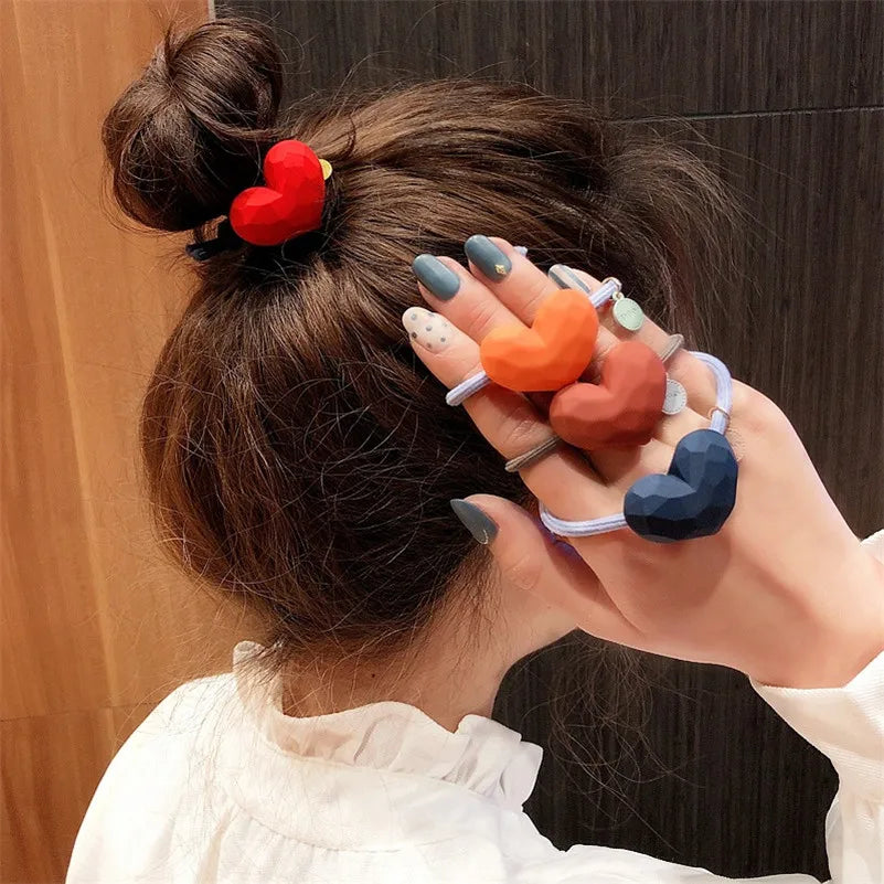 Girls Cute Heart Elastic Hair Bands Korean Hair Ties Hair Bow  Scrunchies Rubber Ponytail Holder Women Hair Accessories