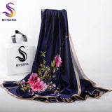 [BYSIFA] Navy Blue Chinese Roses Women Scarves Fall Winter Utrlong Top Grade Brand Trendy Silk Letters Long Scarf Shawl Wrap