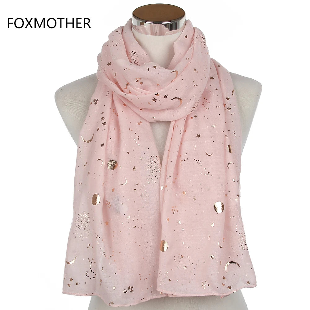 FOXMOTHER 2021 New Fashion Navy Star Moon Foil Gold Scarf For Womens Chirstmas Gifts