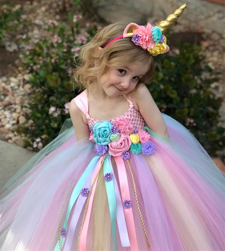 Girls Pastel Unicorn Flower Tutu Dress Kids Crochet Tulle Strap Dress Ball Gown with Daisy Ribbons Children Party Costume Dress