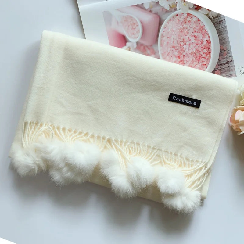 200*70cm Women Solid Color Soft Hairball Scarf Oversize Cashmere Ladies Shawl Wrap Winter Pashmina Female Hijab Headband Muffler