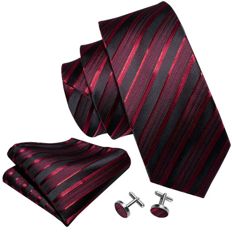 Male Luxury Neck Tie For Men Business Red Striped Silk Tie Hanky Cufflinks Set Barry.Wang Fashion Neckwear Wedding Party Casual