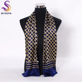 [BYSIFA] Navy Blue Gold Plaid Men Silk Scarves Fashion Accessories Autumn Winter Male Pure Silk Long Scarves Cravat 160*26cm