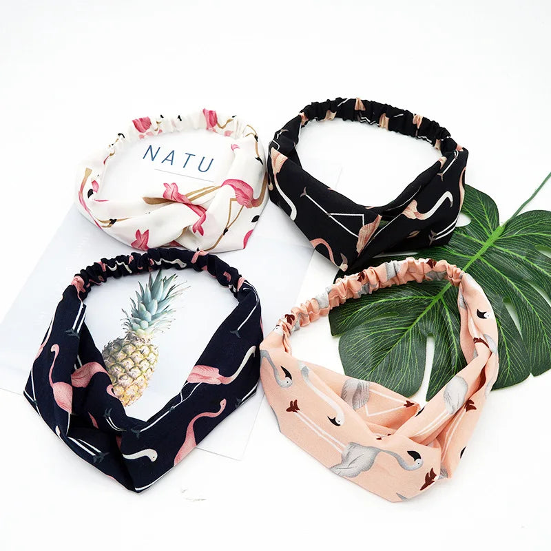 Fresh Fashion Turban Headbands Women Spring Summer Chiffon Headband Head Wrap Wide Flamingo Hair Accessories Cotton Headband