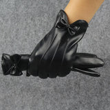 High Quality Leather Female Fashion Winter Warm Black Bow Cycling Gloves Women Driving Touch Phone Screen Glove Mittens B7