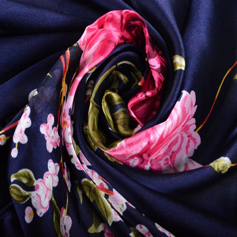 [BYSIFA] Navy Blue Chinese Roses Women Scarves Fall Winter Utrlong Top Grade Brand Trendy Silk Letters Long Scarf Shawl Wrap