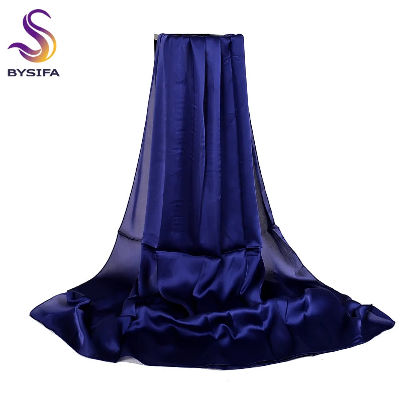 [BYSIFA] Ladies Plain Silk Scarf Shawl Navy Blue New Spring Autumn Elegant Solid Satin Long Scarves Women Summer Beach Cover-ups