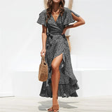 Summer Beach Maxi Dress Women Floral Print Boho Long Chiffon Dress Ruffles Wrap Casual V-Neck Split Sexy Party Dress Robe Femme