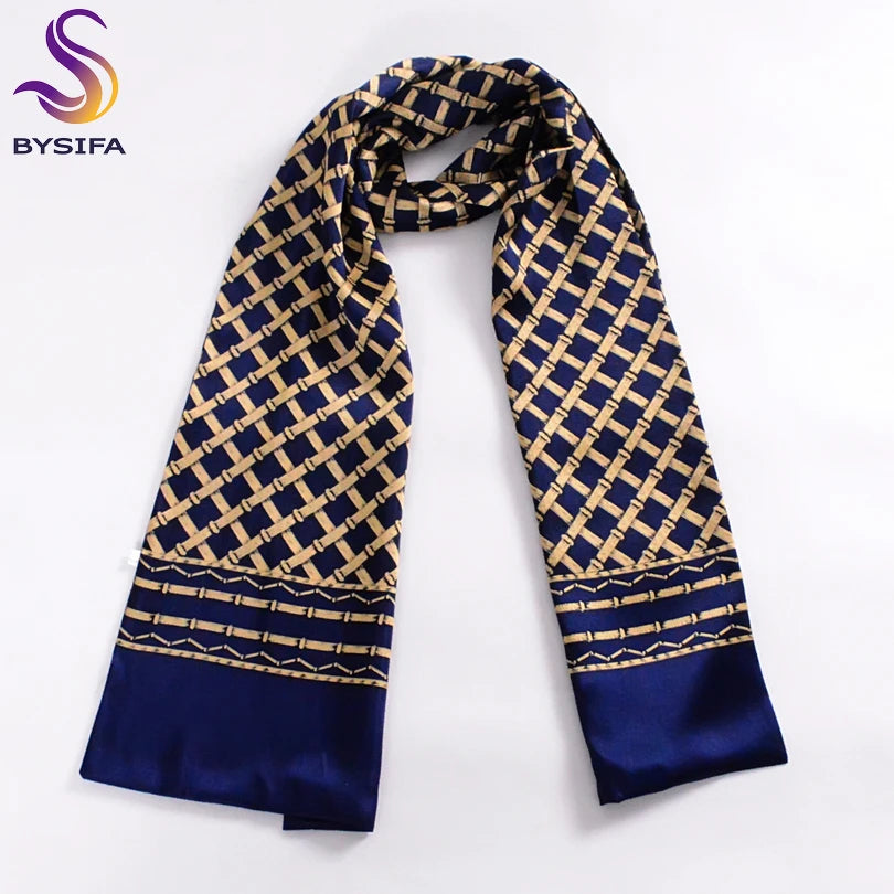 [BYSIFA] Navy Blue Gold Plaid Men Silk Scarves Fashion Accessories Autumn Winter Male Pure Silk Long Scarves Cravat 160*26cm