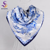 [BYSIFA] Chinese Pink Peony Women Satin Silk Scarf Cape 2017 New Navy Blue Elegant Ladies Neck Head Scarf Spring Autumn Scarves