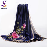 [BYSIFA] Navy Blue Chinese Roses Women Scarves Fall Winter Utrlong Top Grade Brand Trendy Silk Letters Long Scarf Shawl Wrap