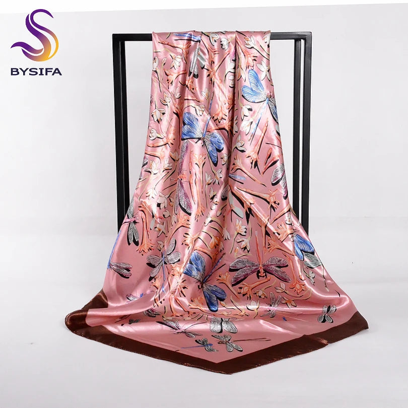 [BYSIFA] Chinese Pink Peony Women Satin Silk Scarf Cape 2017 New Navy Blue Elegant Ladies Neck Head Scarf Spring Autumn Scarves