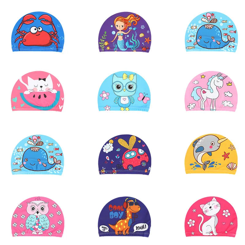 Children Cartoon Swimming Cap Kids Elastic Fabric Swiming Pool Water Sport Protect Ears Hat Swim Bathing Hats Caps Boys Girls