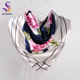 [BYSIFA] Chinese Pink Peony Women Satin Silk Scarf Cape 2017 New Navy Blue Elegant Ladies Neck Head Scarf Spring Autumn Scarves