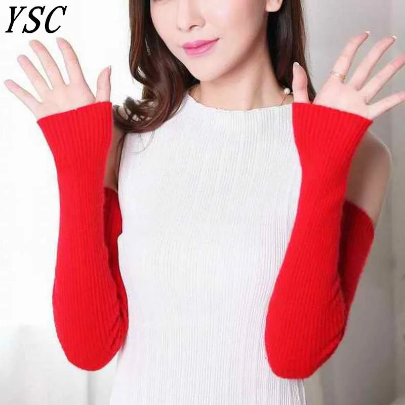 YSC Hot Sales women's Cashmere knitted female gloves 40cm 50cm 60 cm long arm Finger hole style High Quality Warm arm protection