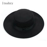 New Classic Solid Color Felt Fedoras Hat Belt for Men Women Blend Jazz Cap Wide Brim Simple Church Derby Flat Top Hat Mujer