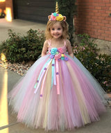 Girls Pastel Unicorn Flower Tutu Dress Kids Crochet Tulle Strap Dress Ball Gown with Daisy Ribbons Children Party Costume Dress