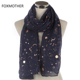 FOXMOTHER 2021 New Fashion Navy Star Moon Foil Gold Scarf For Womens Chirstmas Gifts