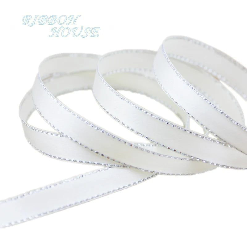 (25 yards/lot) 10mm White Silver Edge Satin Ribbon wholesale high quality gift packaging ribbons