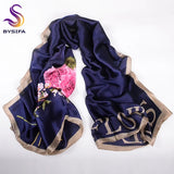 [BYSIFA] Navy Blue Chinese Roses Women Scarves Fall Winter Utrlong Top Grade Brand Trendy Silk Letters Long Scarf Shawl Wrap