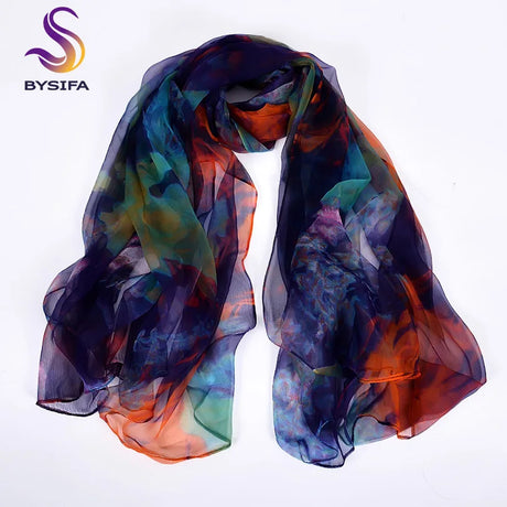 [BYSIFA] Ladies Silk Scarf Shawl New Long Scarves Fashion Brand Scarves Elegant Purple Blue Neck Scarf Beach Shawl Cover-ups