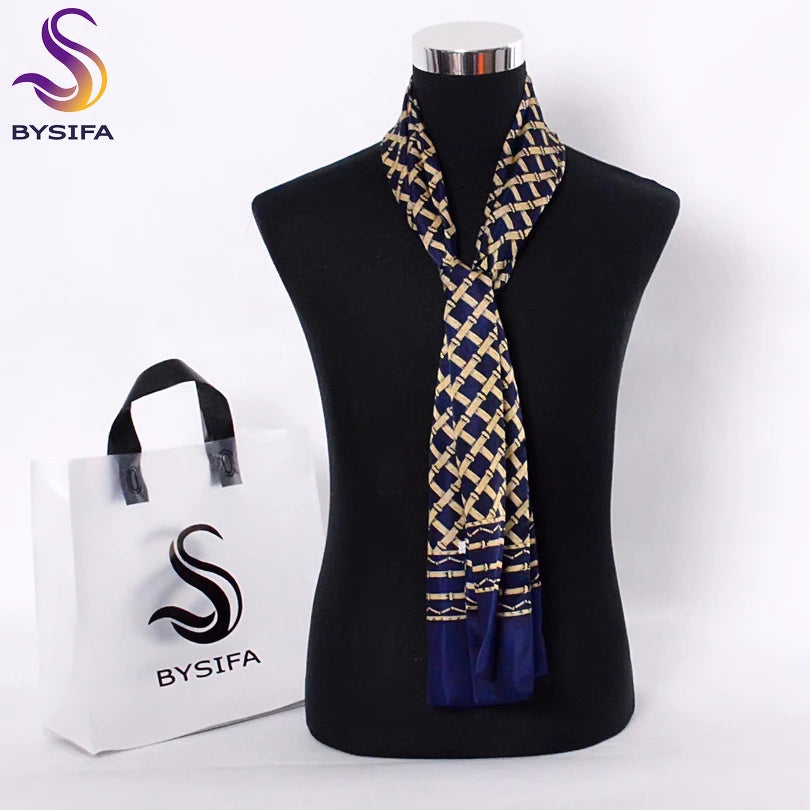 [BYSIFA] Navy Blue Gold Plaid Men Silk Scarves Fashion Accessories Autumn Winter Male Pure Silk Long Scarves Cravat 160*26cm