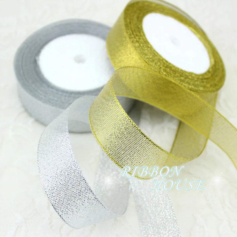 (25 yards/lot) Gold and Silver ribbon Christmas packaging ribbons high-grade quality Wholesale