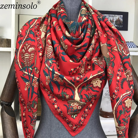 100% Silk Scarf Women Large Shawls Floral Print Stoles Square Bandana Luxury Brand Kerchief Scarves Female Foulard 130*130cm