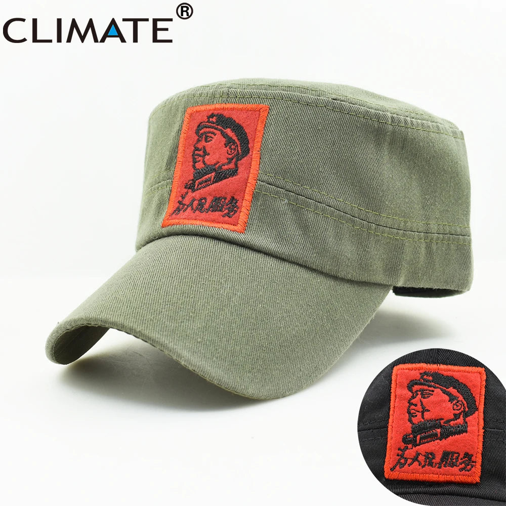 CLIMATE New Men Cool Military Caps Chinese Chairman Mao Zedong Cap Army Green Flat Top Cap The Communist Party Adult Hat Caps