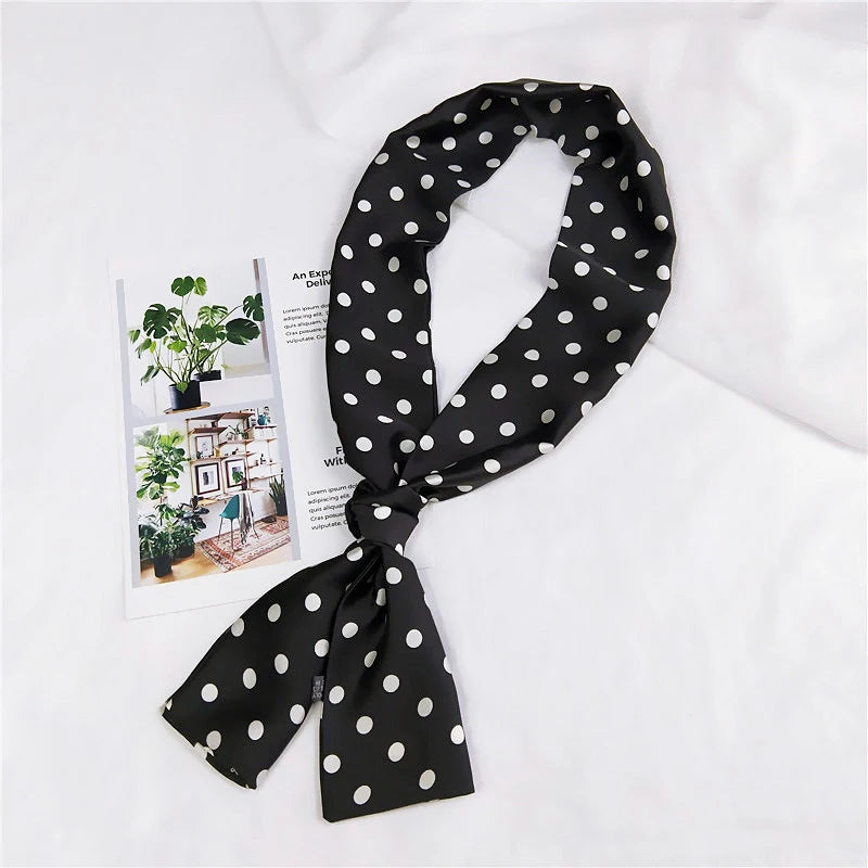 Women Polka Dot Printed Handle Bag Hair Hat Femme Business Wear Small Ribbon Tie Headband Handkerchief Foulard Narrow Scarf Silk