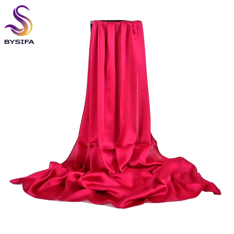 [BYSIFA] Ladies Plain Silk Scarf Shawl Navy Blue New Spring Autumn Elegant Solid Satin Long Scarves Women Summer Beach Cover-ups