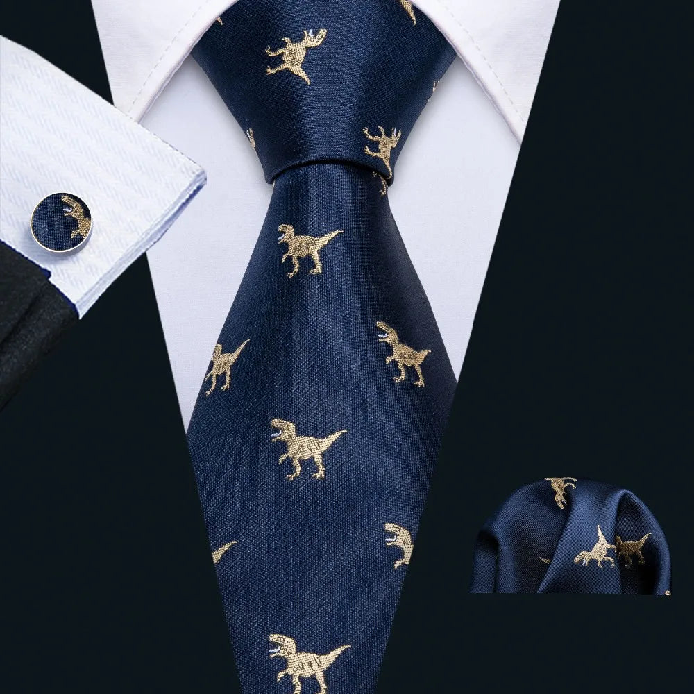 New Arrival Men's Ties Set Dinosaur Pattern Navy Gold Mens Wedding Necktie 8.5cm Necktie Business Silk Ties For Men Gift FA-5191