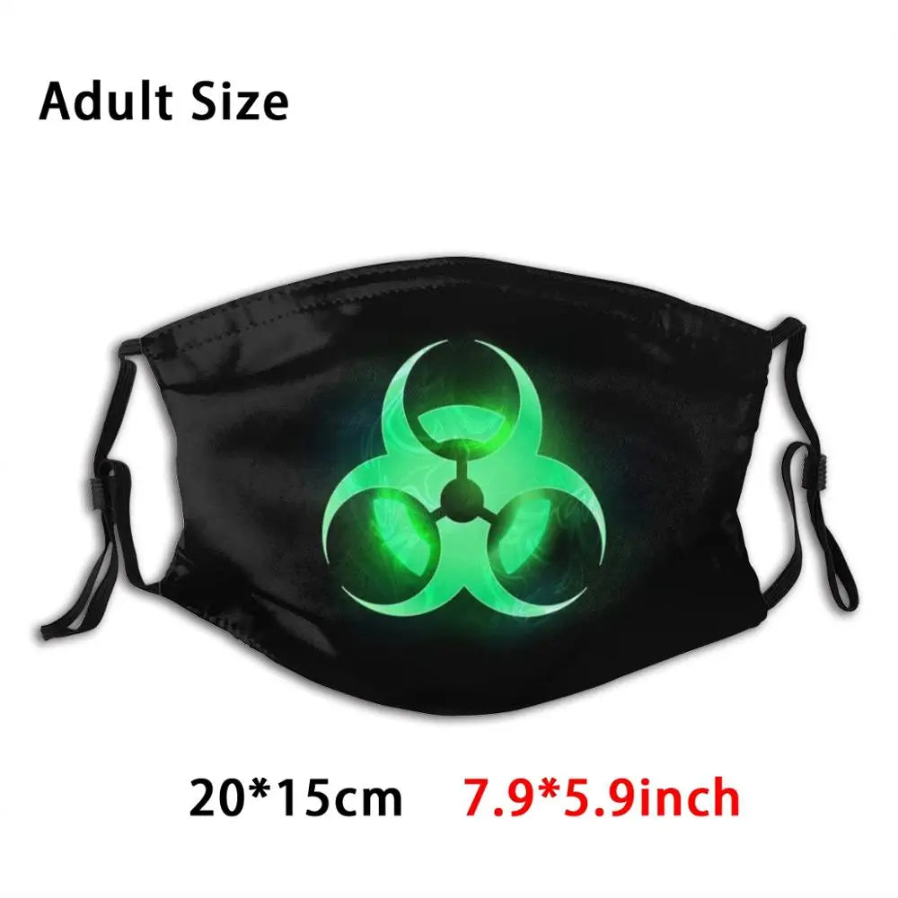 Green Biohazard Symbol Funny Print Reusable Pm2.590 Filter Face Mask Biohazard Green Symbol On Black Glowing Background