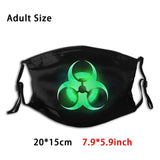 Green Biohazard Symbol Funny Print Reusable Pm2.590 Filter Face Mask Biohazard Green Symbol On Black Glowing Background