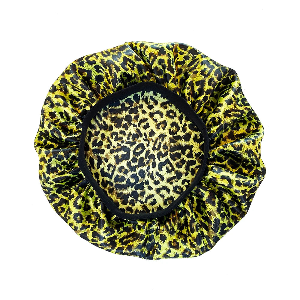 Leopard Print Satin Bonnet Cap Wide Rubber Band Nightcap Hair Care Hat