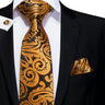 Hi-Tie Luxury Gold Orange Striped Paisley Silk Wedding Tie For Men Hanky Cufflink Gift Mens Necktie Business Party Dropshipping