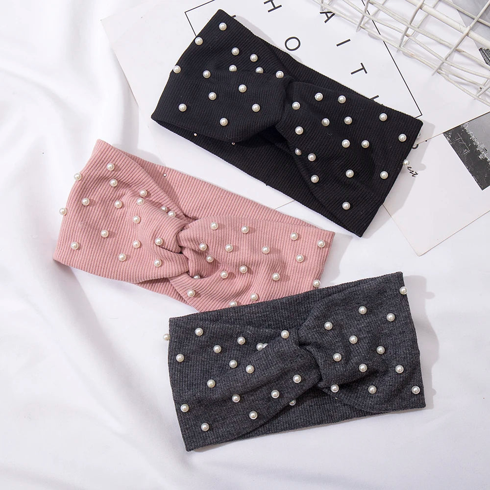 Bow Women's Headbands Pearls Head Bands Knitted Turban Bandana Autumn Winter Elastic Hairband Warm Hair Accessories Headdress