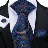 Luxury Blue Gold Paisley Silk Ties For Men Business Wedding Neck Tie Set With Tie Ring Brooch Pin Men's Cufflinks Pocket Square