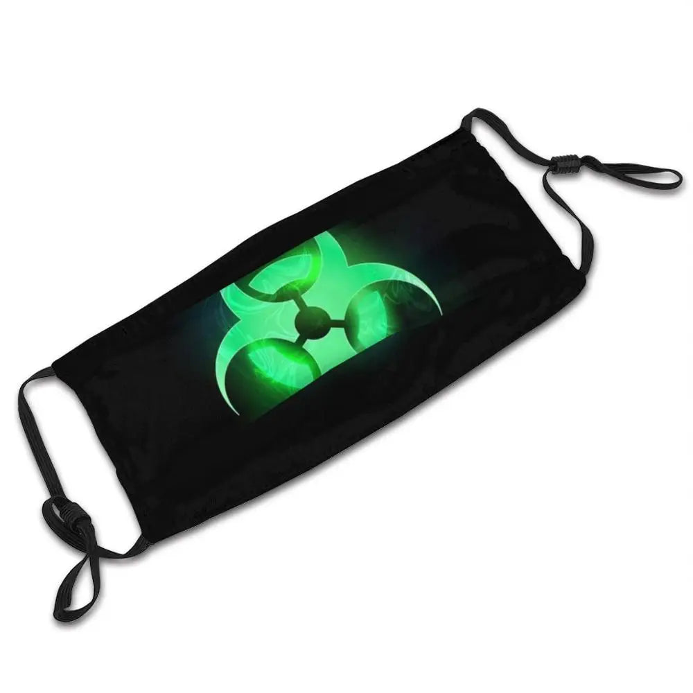 Green Biohazard Symbol Funny Print Reusable Pm2.590 Filter Face Mask Biohazard Green Symbol On Black Glowing Background