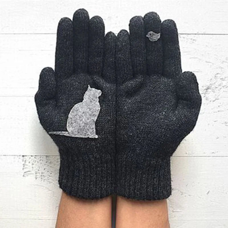 Winter Gloves for Men Women Teens Cute Cat and Bird Printed Thermal Knitted Gloves, Windproof Winter Warm Mittens Glove Soft