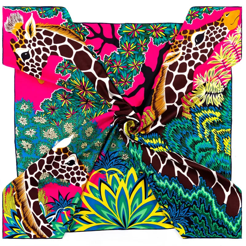 POBING Manual Hand Rolled Twill Silk Scarf Women Three Giraffes Square Scarves Echarpes Foulards Femme Wrap Bandana Hijab 90CM