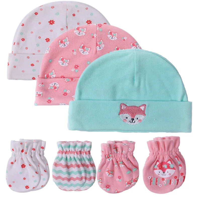 2022 Unisex Baby Hats+Gloves Headwear Cotton Solid Newborn Nightcap Fitted Baby Boys Girls Sets Print Cartoon Baby Accessories